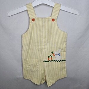 VTG Lisa Jackson Yellow Stripe Seersucker Baby Overalls Easter Bunny Carrot XL